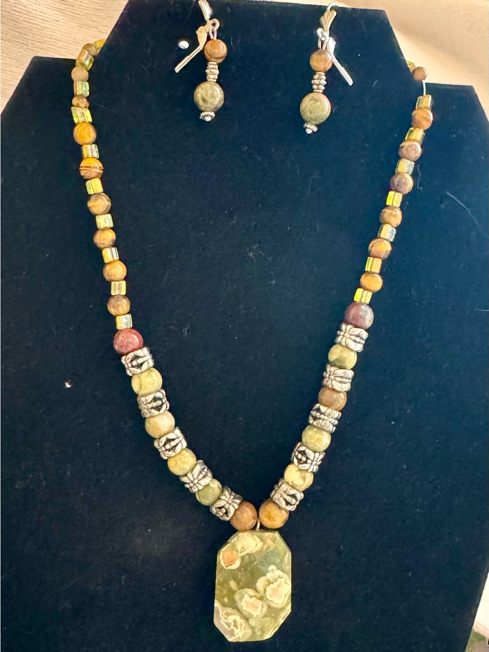 Handmade rainforest jasper & tigers eye statement necklace set